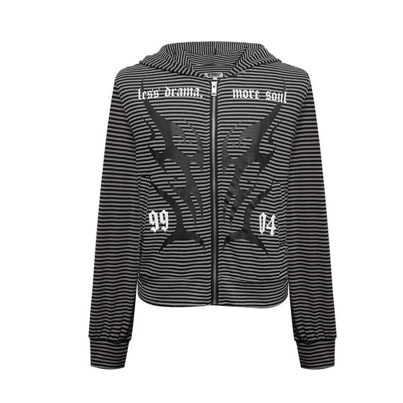 Striped Hooded Zip Sweatshirt American Retro Gothic Street Style Loose Fit Teens
