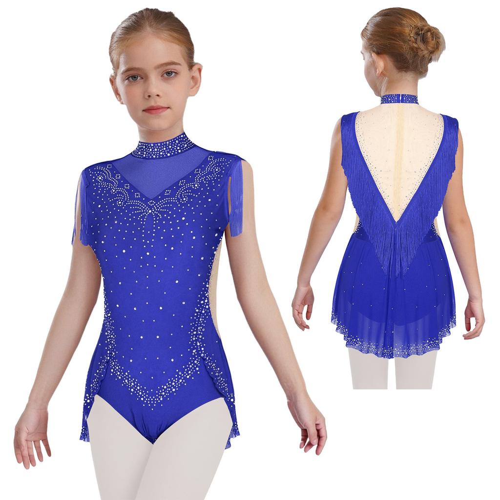 Girls Rhinestone Dance Leotard - Sparkling Mock Neck Bodysuit with Sheer Mesh & Tassel Skirt, Invisible Zipper Back