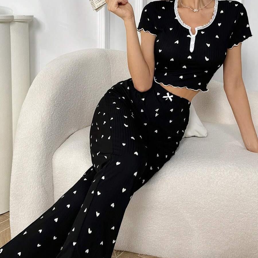 Spring/summer Women's Short-sleeved Love Collar Print Pajamas Home Wear Set Girl Style Pajamas Home Wear Set