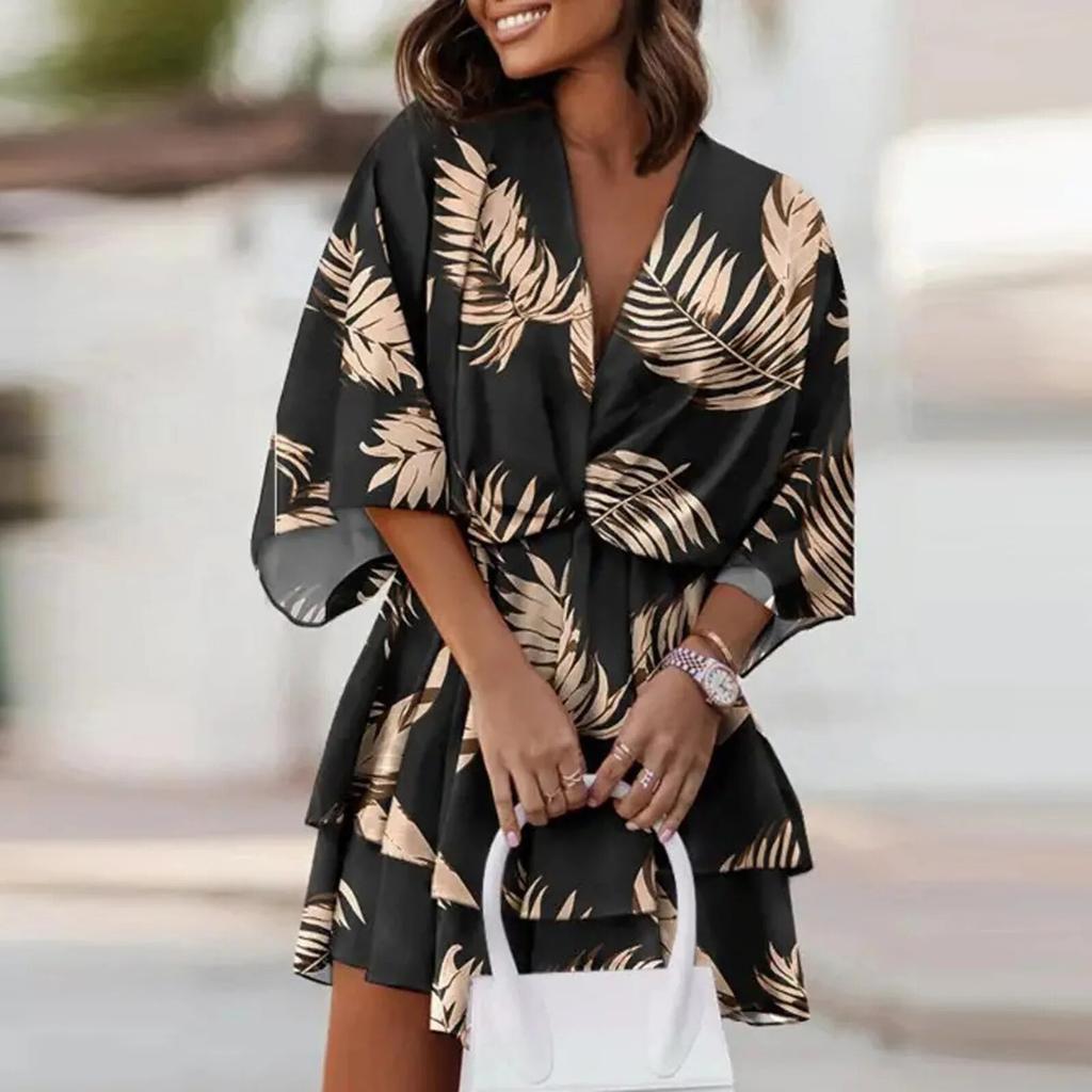 Женское платье в стиле бохо с цветочным принтом, летние сексуальные свободные платья с v-образным вырезом и рукавами «летучая мышь», на шнуровке, женское пляжное праздничное мини-платье, одежда