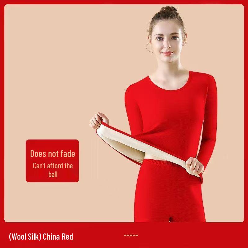 Женский красный бесшовный комплект термобелья из шерсти и шелка для года Бэнмин - Средней толщины, с флисовой подкладкой, базовый слой с круглым вырезом