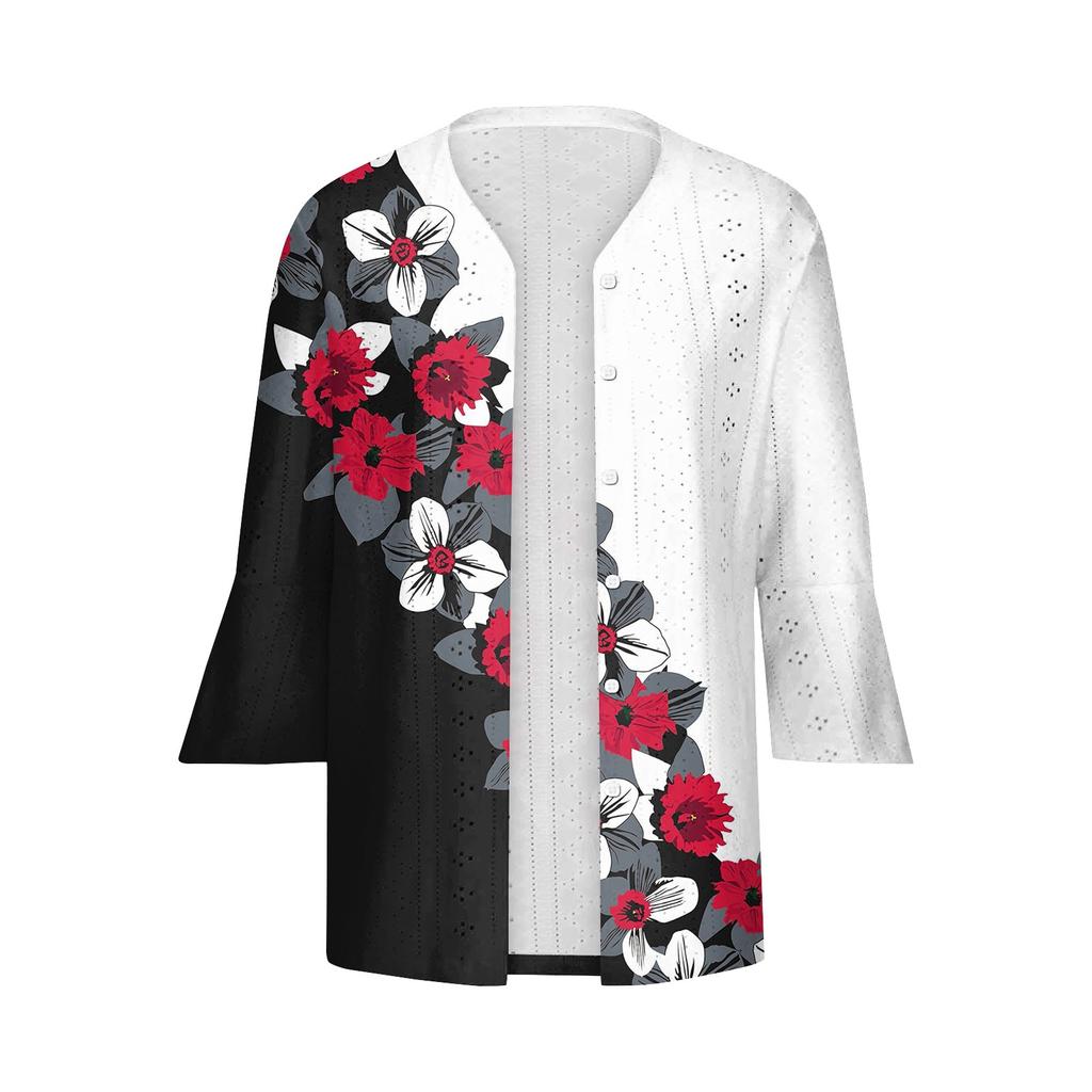 Women's Fashion Loose Casual Printed Three-quarter Sleeve Button Shirt Cardigan Top