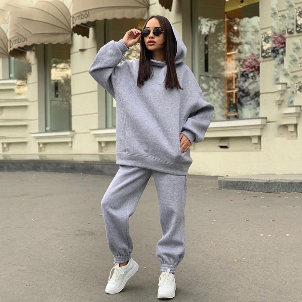 Women's Sets Autumn and Winter Fashion Solid Color Loose Hooded Sweatshirt Casual Trousers Two-piece Set