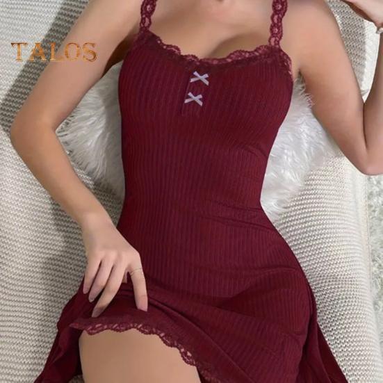 Женская ночная рубашка на бретельках, сексуальная кружевная отделка, ребристый трикотаж, ночная рубашка, летнее мини-платье без рукавов на тонких бретельках с V-образным вырезом