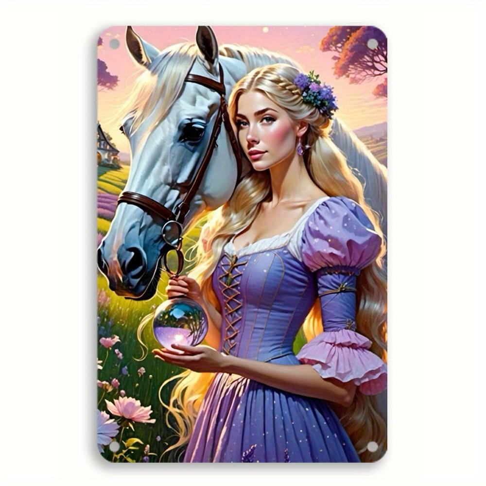1 шт. Металлическая жестяная табличка «Сцена зачарованного леса» 8x12 дюймов - Винтажное настенное искусство с принцессой, белой лошадью и волшебным шаром, идеально для дома