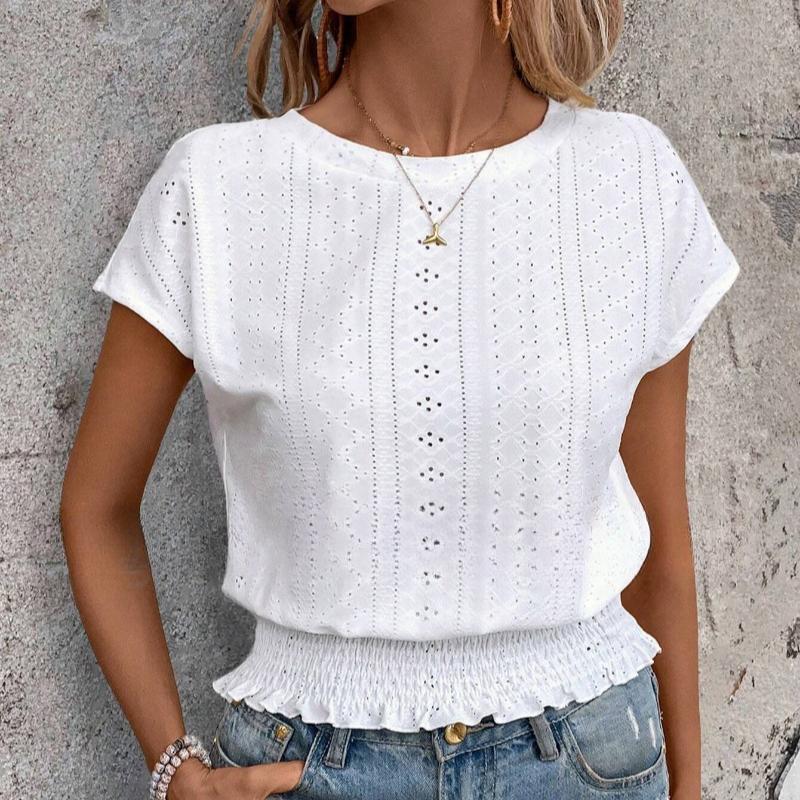 Летняя повседневная блузка с круглым вырезом из жаккарда с коротким рукавом, милые свободные женские рубашки, топы, элегантные однотонные узкие белые блузки для отпуска 26365
