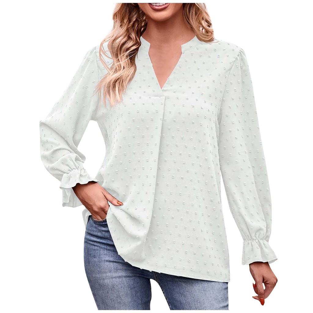 Женская модная повседневная свободная однотонная футболка с v-образным вырезом и рюшами с длинным рукавом