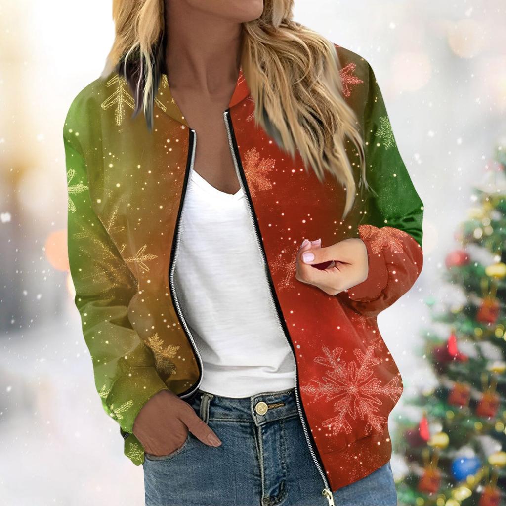 Женская легкая короткая куртка с длинными рукавами на молнии с принтом, повседневная стеганая куртка с карманами, рождественская