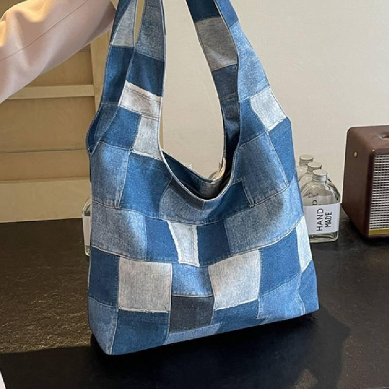 Большая холщовая сумка-тоут в клетку с ретро-дизайном в белых, коричневых и розовых тонах Уличный стиль Шик