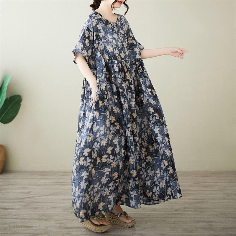 Короткий рукав Плюс размер Хлопок винтажный цветочный новый в платьях для женщин повседневное свободное макси длинное летнее платье