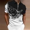 Men's Shirt Polo Casual Zip Short Sleeve Fashion Casual Zipper Summer Spring Regular Fit 3D Black and White Flowers Print Shirt