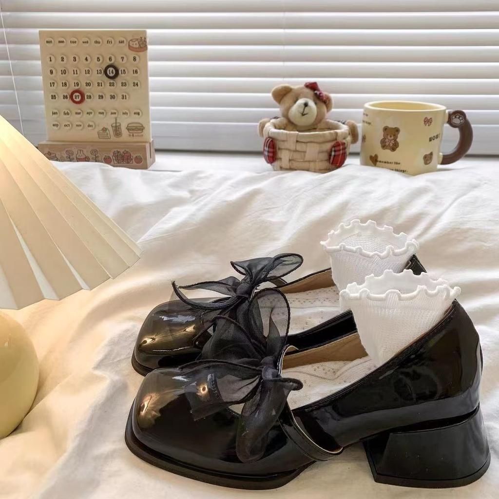 French Shallow Mouth Mary Jane Single Shoes 2025 Spring and Autumn New Bow High Heel Square Head Leather Shoes with Skirt Versatile Foreign Style