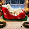 Soft Suede Dog House Christmas Sleigh Shaped Pet Bed, Cozy Holiday Cat Sofa Anti?Slip Base Comfortable Foam Mat Cushion, Washable Sleeping