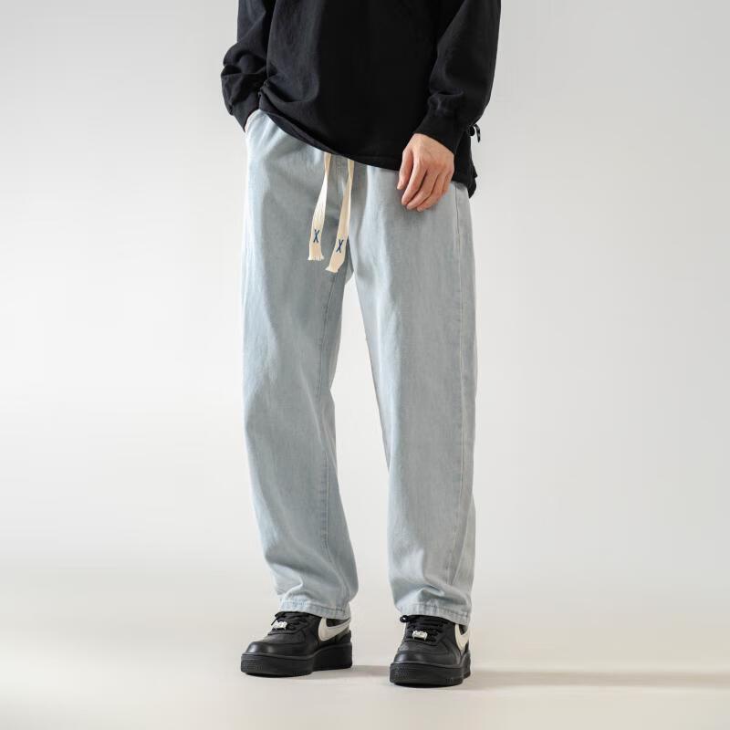 Dingfengbaoluo Men's Washed Retro Straight-Leg Jeans