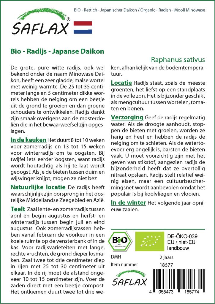 SAFLAX Garden in the Bag - Органический - Редис - Mooli Minowase - 100 семян - С субстратом в подходящем мешке - Raphanus sativus
