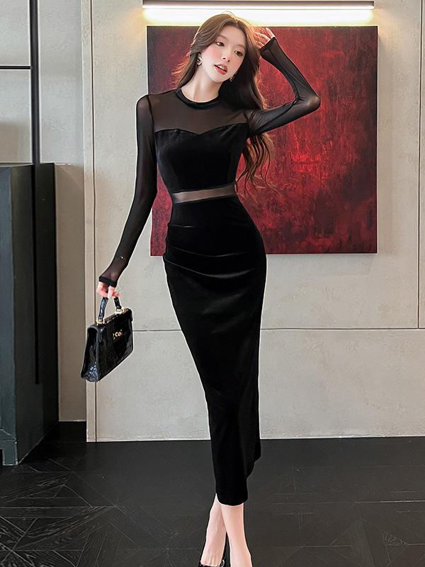 Осеннее сетчатое платье с длинными рукавами, приталенное, с разрезом