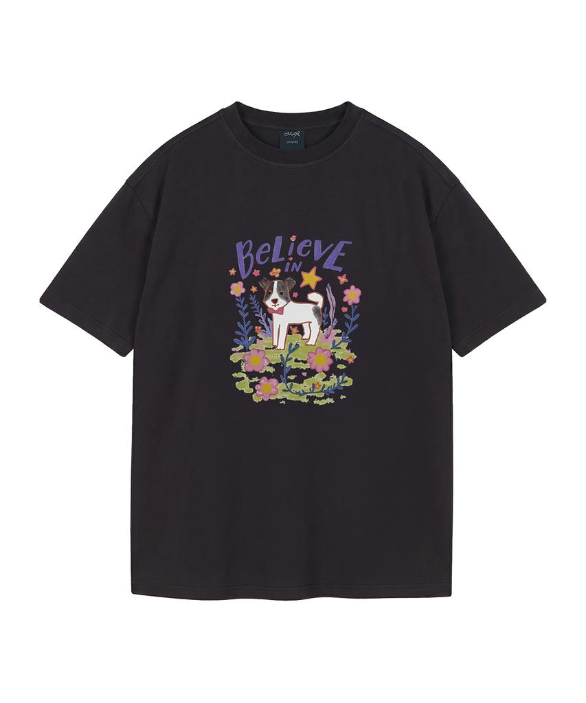 WILDROCK Flower Garden Puppy Pigment Oversized Short Sleeve T-Shirt (Cropped) (Type A)
