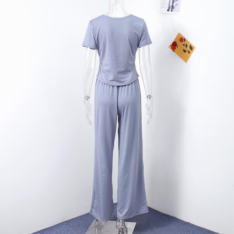 Повседневный костюм с длинными брюками для женщин с круглым вырезом и короткими рукавами, футболка с эластичной резинкой на талии, комплект брюк, весенне-летний однотонный женский пригородный наряд
