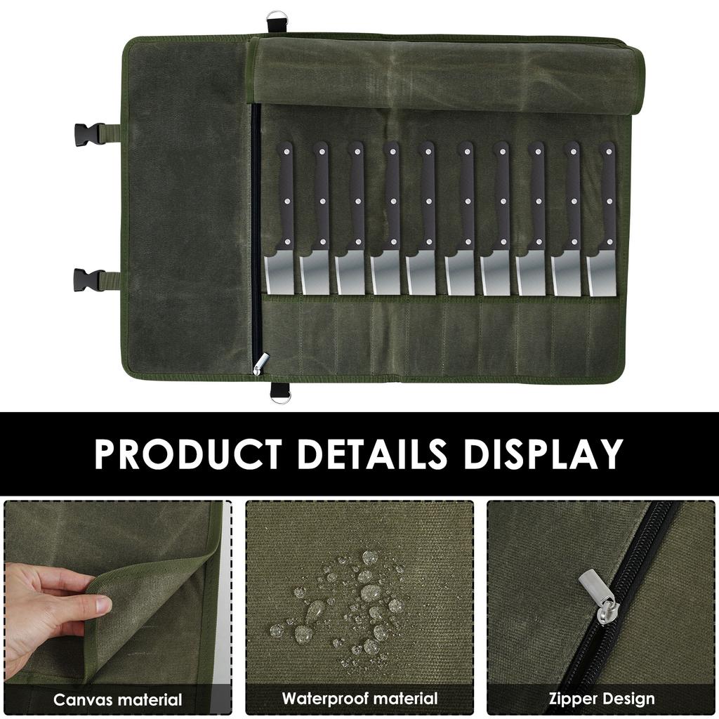 10 Slots Knife Roll Bag Waterproof Canvas Chef Knife Bag with Zipper Pocket Portable Durable Storage Pockets for Cutting Tools