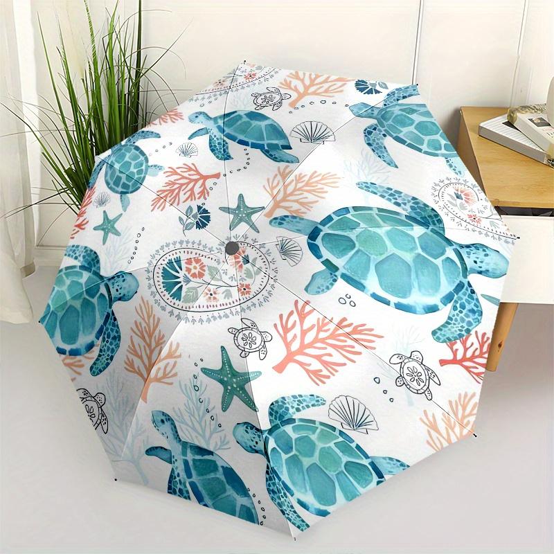 Sea turtles,Coral reef Automatic Folding Umbrella Simple 8 Rib Design, Bright Cartoon Pattern, Durable Iron Frame, Suitable For Travel, Out
