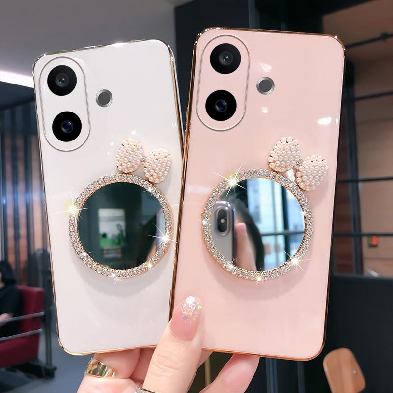 For Vivo V60 Lite Case Soft Plating brick inlaid pearl butterfly makeup mirror Smooth Electroplated For Vivo V60 Lite Back Cover