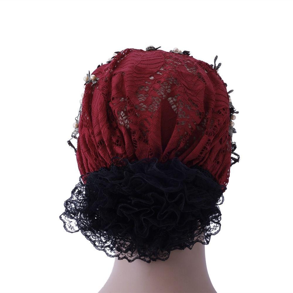 Beaded Glittery Finish Head Wrap Lace Embroidered Chemo Cap Comfortable Headscarf Daily Wear
