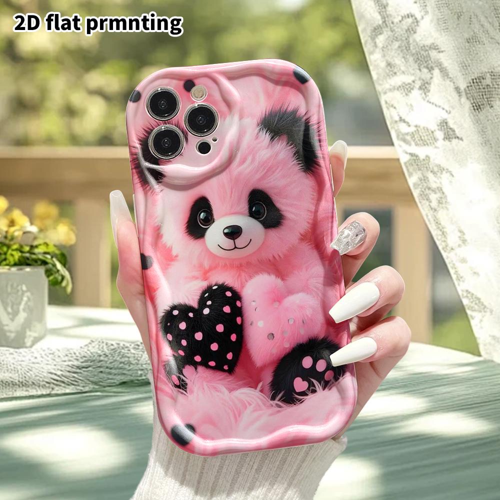 Phone Case: 2D flat, fits iPhone 12 Pro to 18, phone accessory, pink and black plush panda, perfect gift for Christmas and Halloween