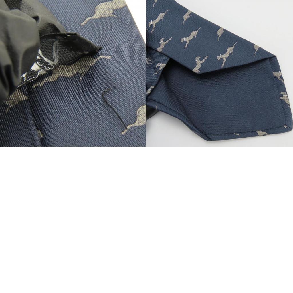 Used HERMES tie Animal motif silk Navy gray gray business