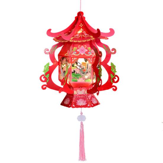 Handmade Chinese Traditional Lantern Kit Handcrafted Handheld 3D Hollow Chinese Palace Lantern with Lotus Tassel for Spring Festival Decoration