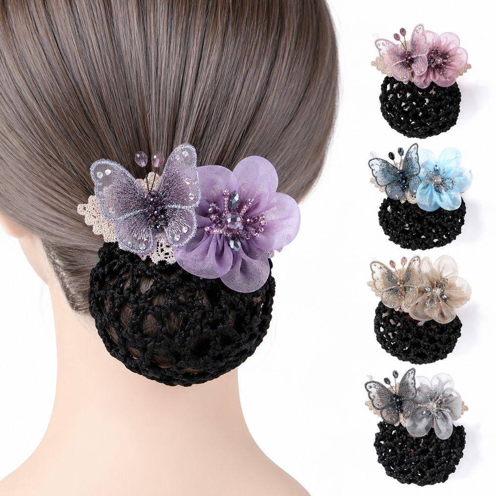 Butterfly Flower Elastic Hair Net Rhinestone Beads Decor Hair Bun Holder Hotel Staff Uniform