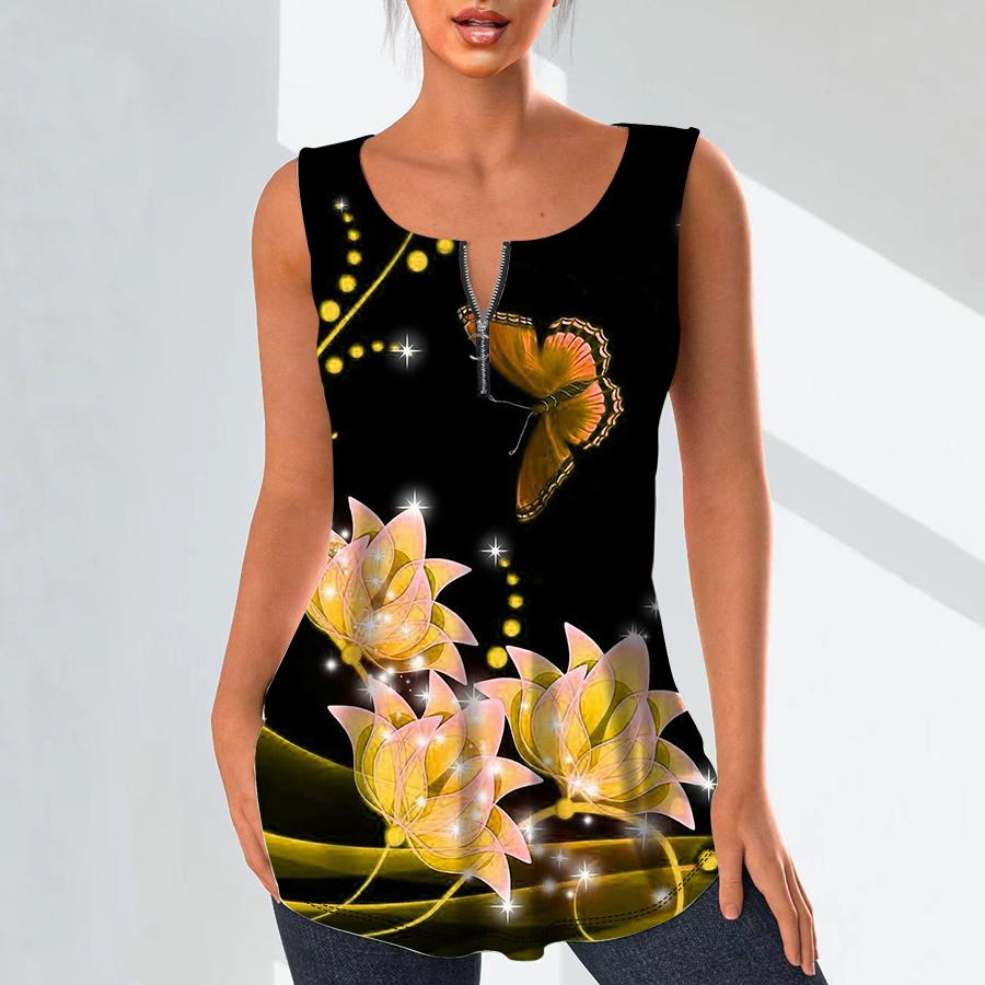 Women's Fashion V Neck Shirts Casual Tops T-shirt Ladies 3D Blue Flowers Print Vest Plus Size Sleeveless Blouse Tank Tops