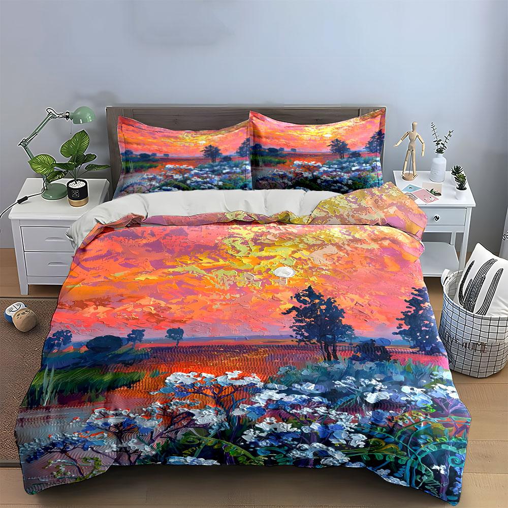 Sunset, trees, flowers, landscape. Bedding sets Duvet cover sets Duvet covers Pillowcases(1 * Duvet Cover 2 * Pillowcases without duvet insert)
