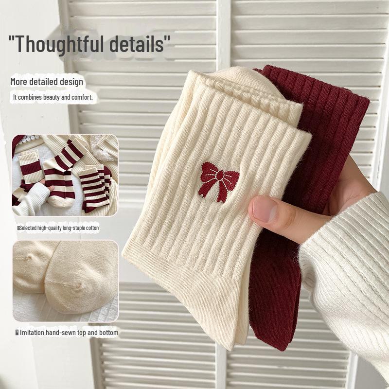 «Осень/зима 2024 года, носки из ангоры винно-красного цвета с вышитым бантом — средний или длинный ворс»