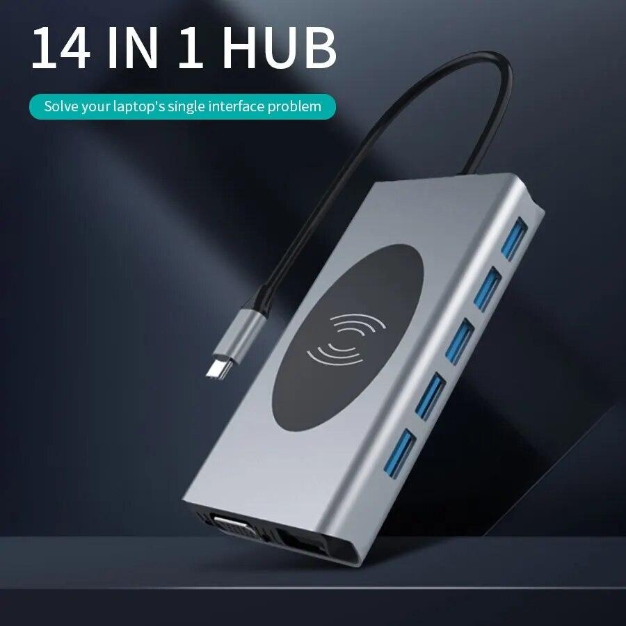 14 в 1 USB Type C HUB Беспроводная зарядка USB 3.0 RJ45 PD-совместимый с HDMI адаптер Док-станция для ноутбука Macbook Pro