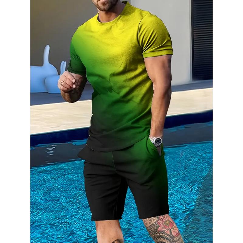 Men's Suit Casual Simple Pattern Printing T-shirt Hawaiian Casual Vacation T-shirt Two Piece Quick Drying Short Sleeved Men Set