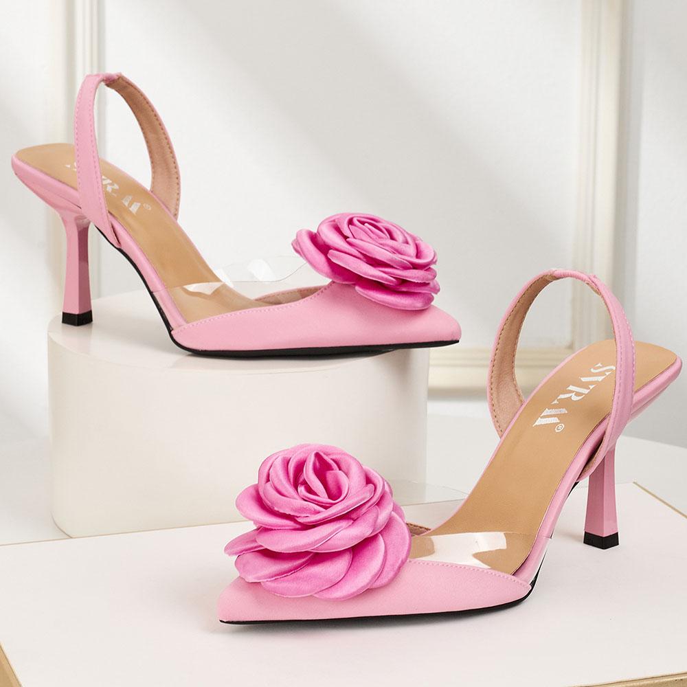 Summer Women's Pointed Toe High Heels Sandals with Elegant Rose Decorations Shoes for Evening Parties Wedding Shoes