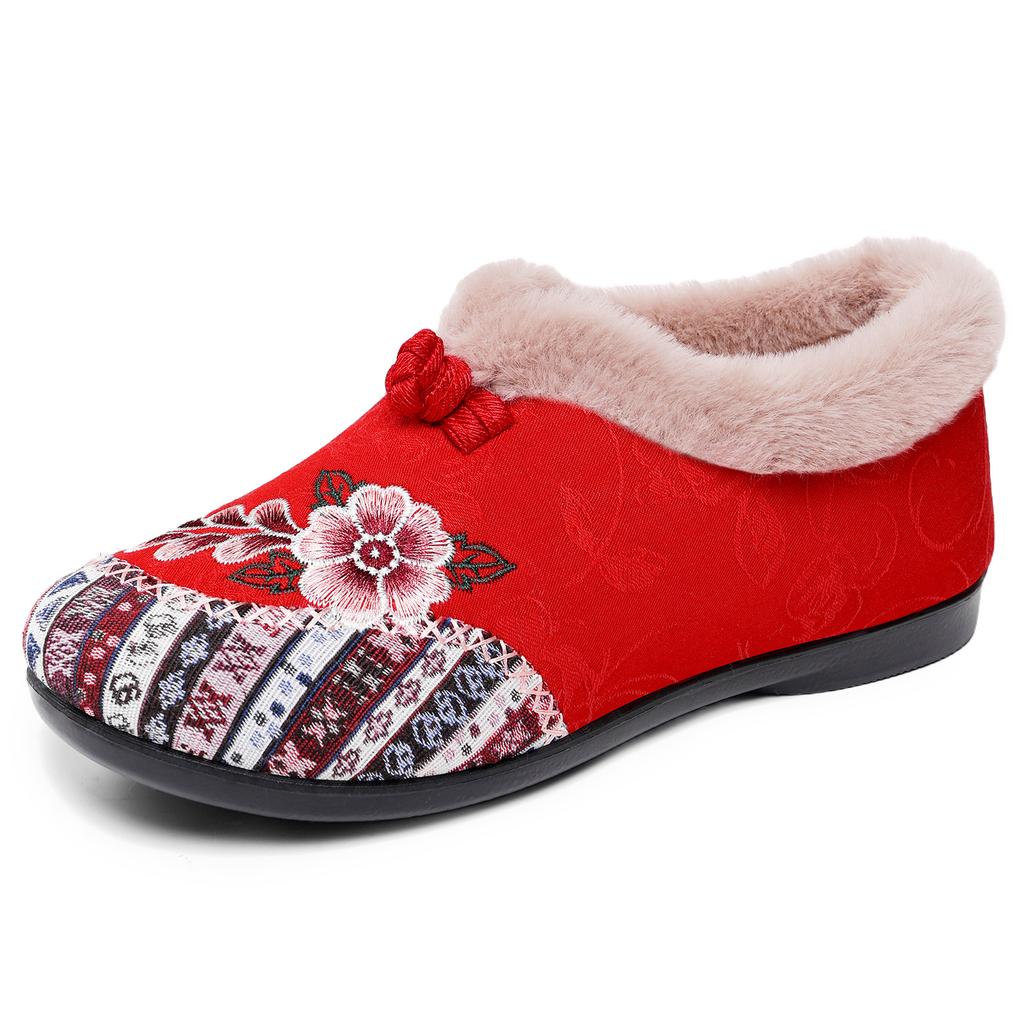 Women's Fleece-Lined Thickened Flat-Soled Embroidered Shoes for Middle-Aged and Elderly Women Chinese Ethnic Style Slip-On Mom Shoes