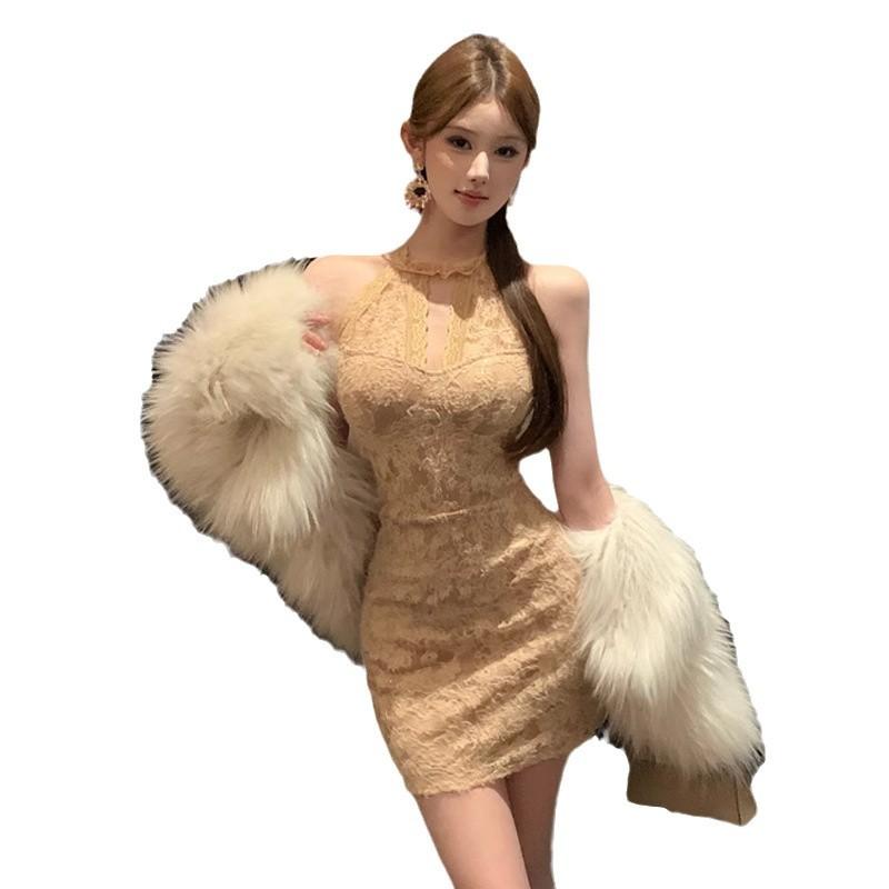 2025 мода новая женская одежда Spice Girl полированное кружевное облегающее платье без рукавов