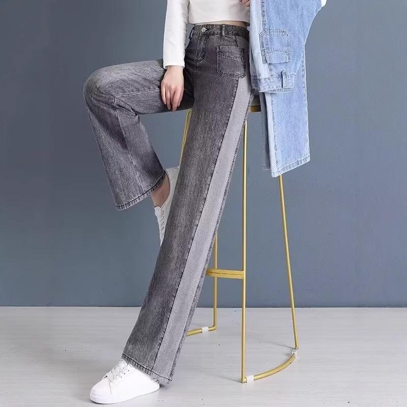Джинсы женские повседневные больших размеров с высокой посадкой и широкими штанинами дымчато-серого цвета