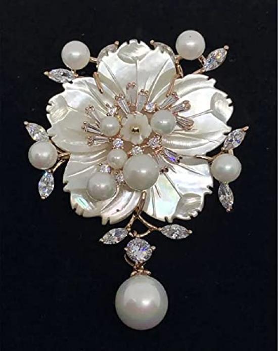 LOVES Brooch Necklace for Cherry Blossom Natural White Pearl Cubic Freshwater Shell Gift Style Exclusive Pouch Women, Flower, Stone, Shell, Zirconia,