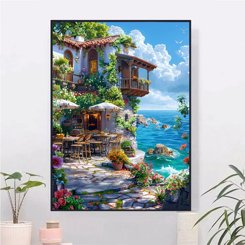 5d DIY Diamond Painting Cross Stitch Seaside Restaurant Scenery Diamond Embroidery Mosaic Full Round Drill Home Decor