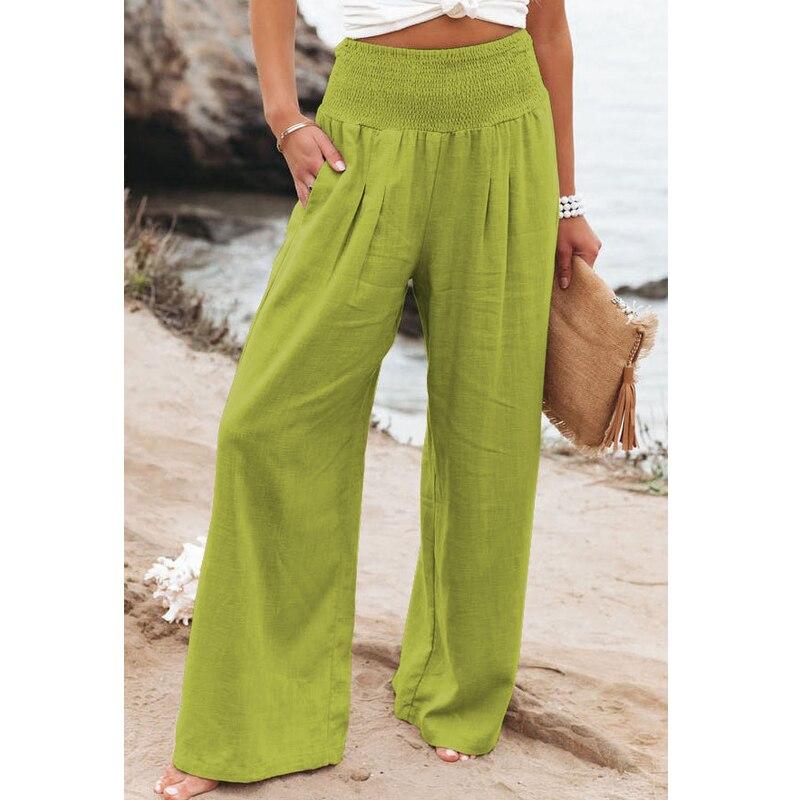 2023 Casual Beach Wide Leg Pants Women Fashion Solid Elastic Cotton Linen Long Pants Chic Loose High Waist Ladies Trousers 22683