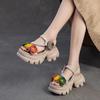 Johnature Retro Flower Peep Toe Platform Sandals Breathable Genuine Leather Versatile Women's Shoes