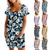 Женские летние повседневные платья с квадратным вырезом, плиссировкой спереди и карманом, с короткими рукавами и принтом