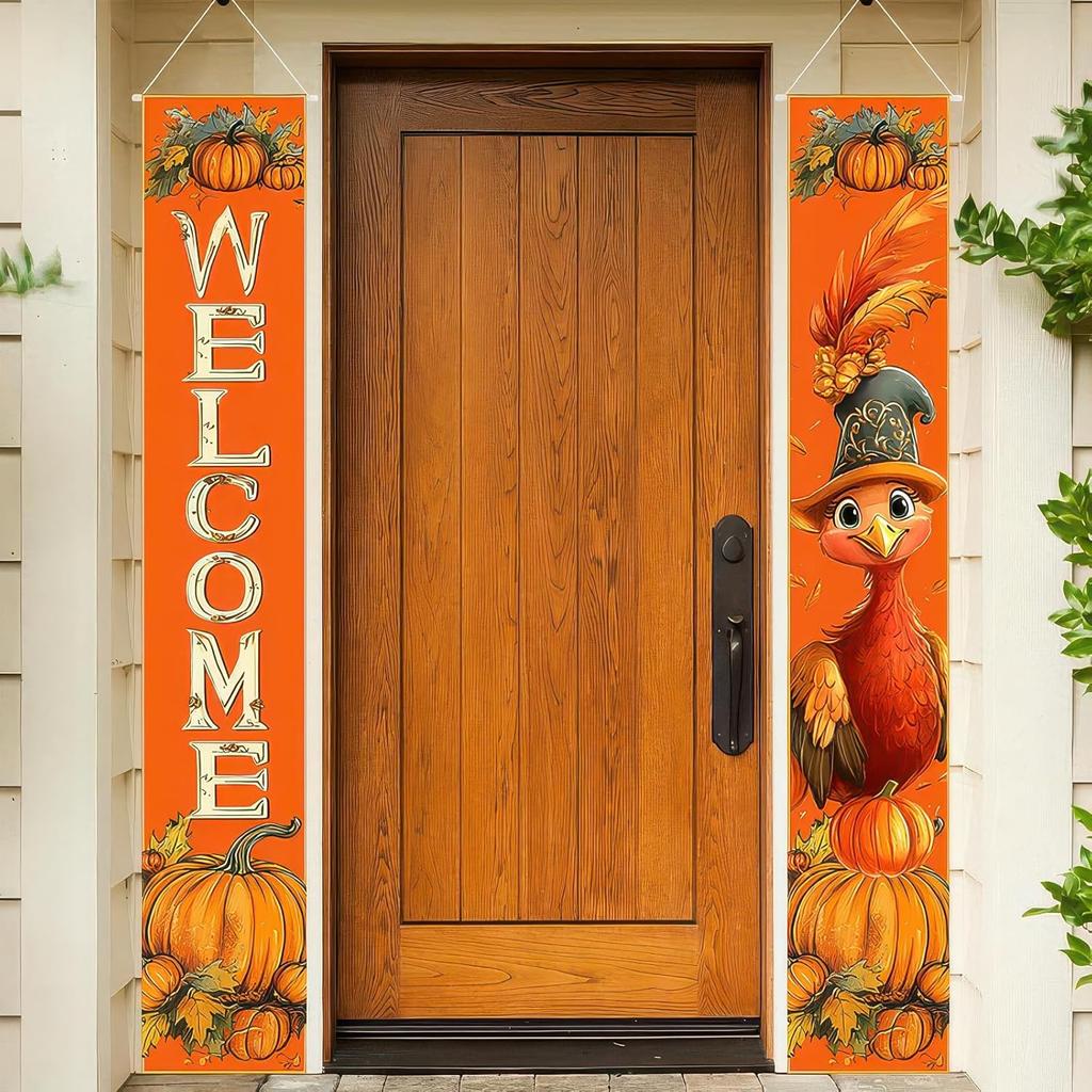 2pcs Thanksgiving Turkey Porch Banner Sign Set 12x71 Inch Autumn Thanksgiving Doors Decoration Fall Welcome Sign Pumpkin Door Banners for
