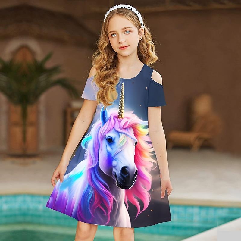 Girls Shining Star Steed Print Dresses Kids Girl Party Off Shoulder Dress Princess Dress Short Sleeved Dress Over Four Years Old
