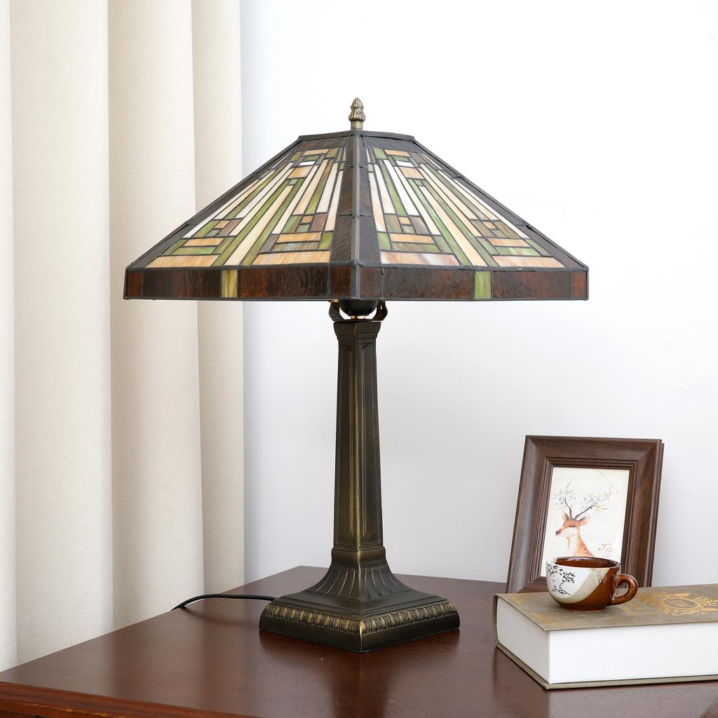 Retro Lamp Stained Glass Table Lamp Amber Brown Mission Style Desk Lamp Decor for Bedrooms Living Room Study Home Office
