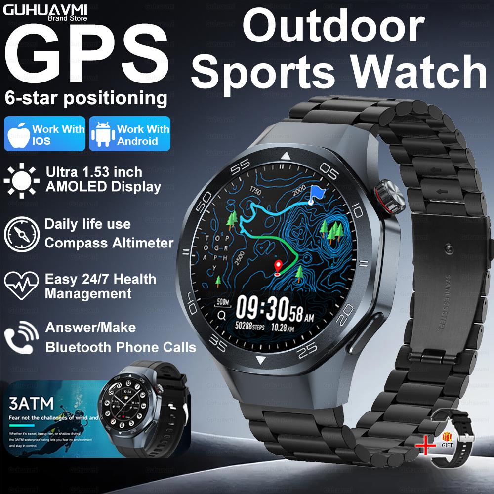 Новые умные часы с GPS-позиционированием для мужчин, 1,53-дюймовый AMOLED HD-экран, компас, датчик сердечного ритма, водонепроницаемость 3ATM, звонки, спортивные, деловые умные часы
