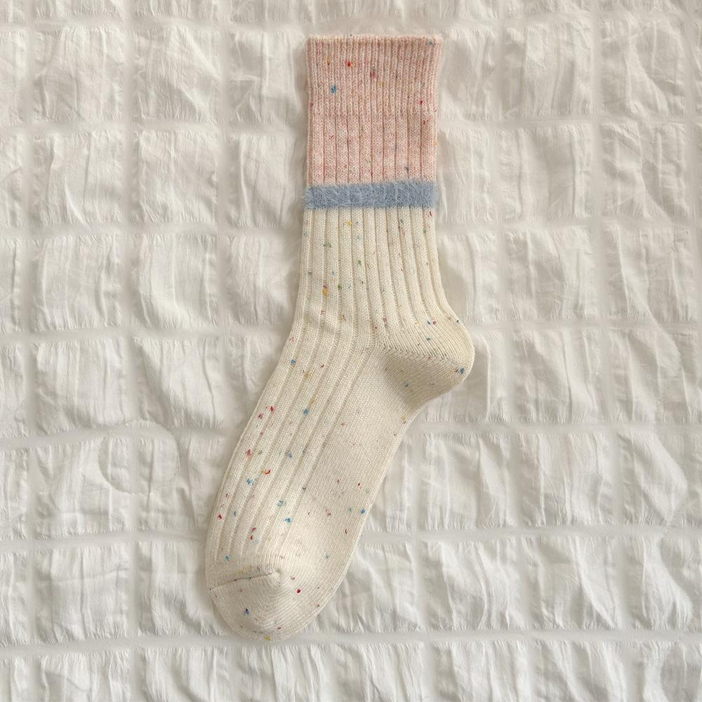 Autumn And Winter Striped Wool Medium Tube Socks Women'S Thickened Warm Plush Idea Yarn Cashmere Stacking Socks Versatile Soft Waxy Cotton Socks