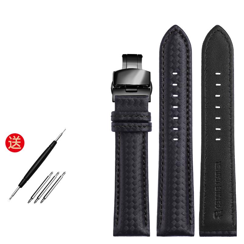 Genuine Leather Bracelet Carbon Fiber Grain Watchband Red Stitching 18mm 20mm 22mm Watch Band Strap Accessories Butterfly Buckle